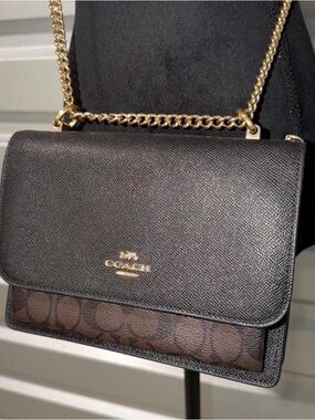 Coach Black Leather Crossbody with Brown Signature Canvas and Gold Chain